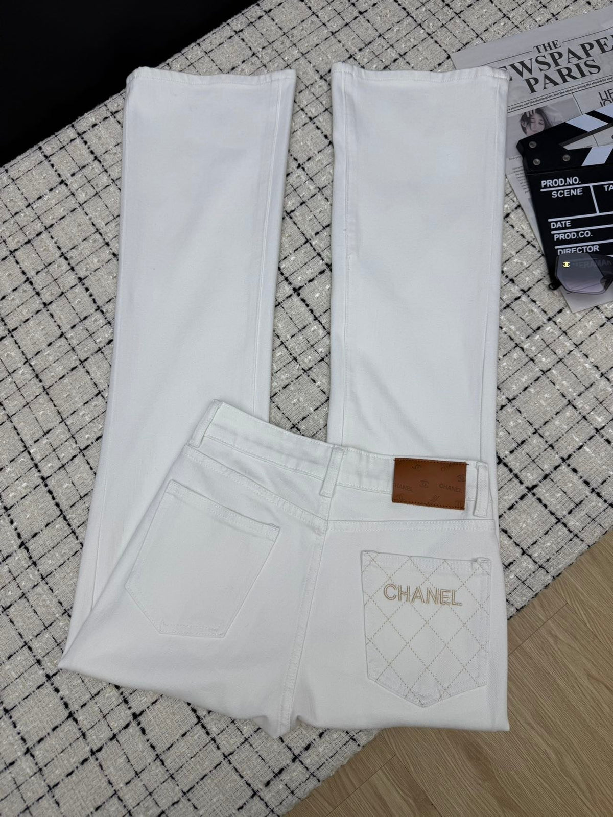 Embroidered mesh flared pants with back pockets
