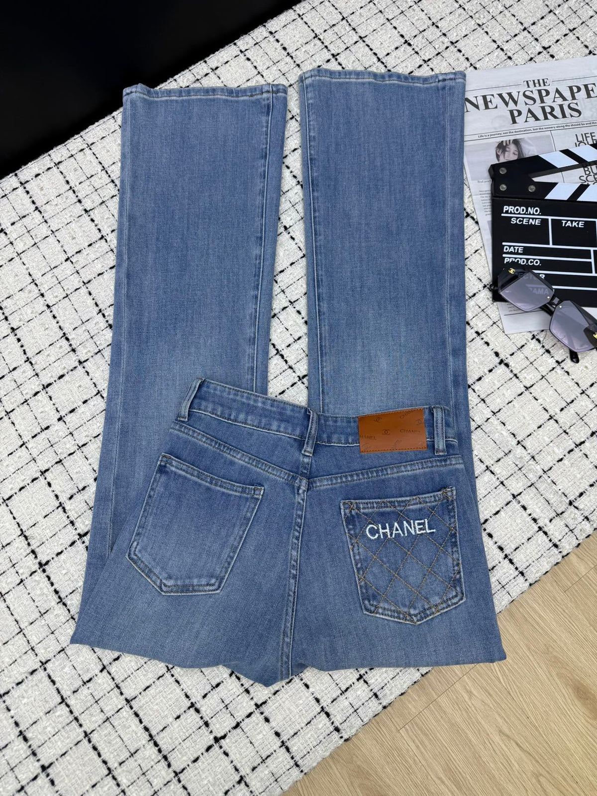Embroidered mesh flared pants with back pockets