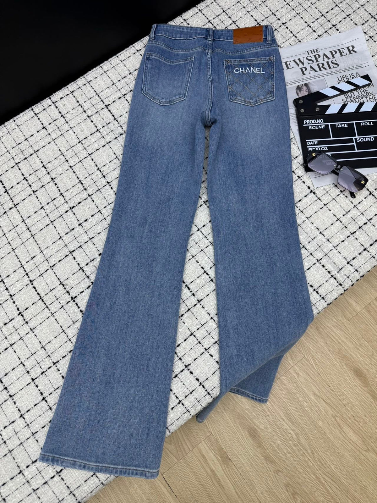 Embroidered mesh flared pants with back pockets