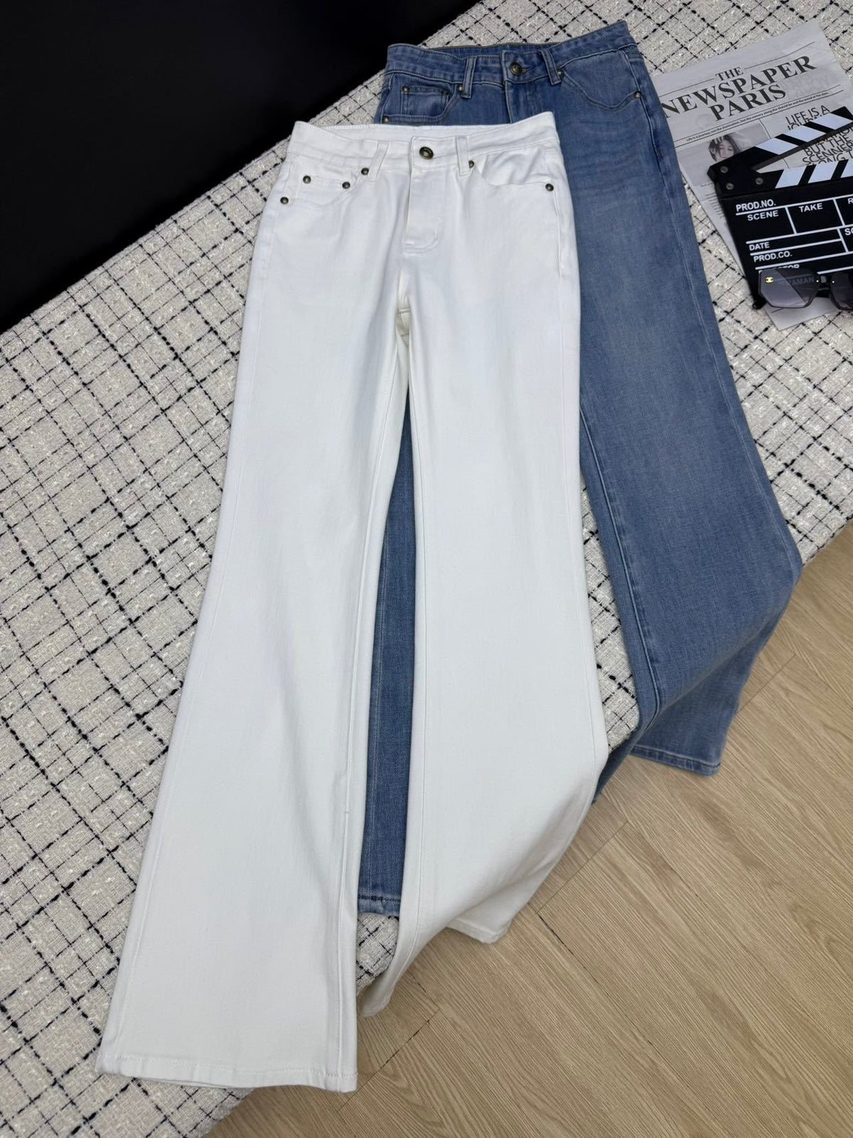 Embroidered mesh flared pants with back pockets