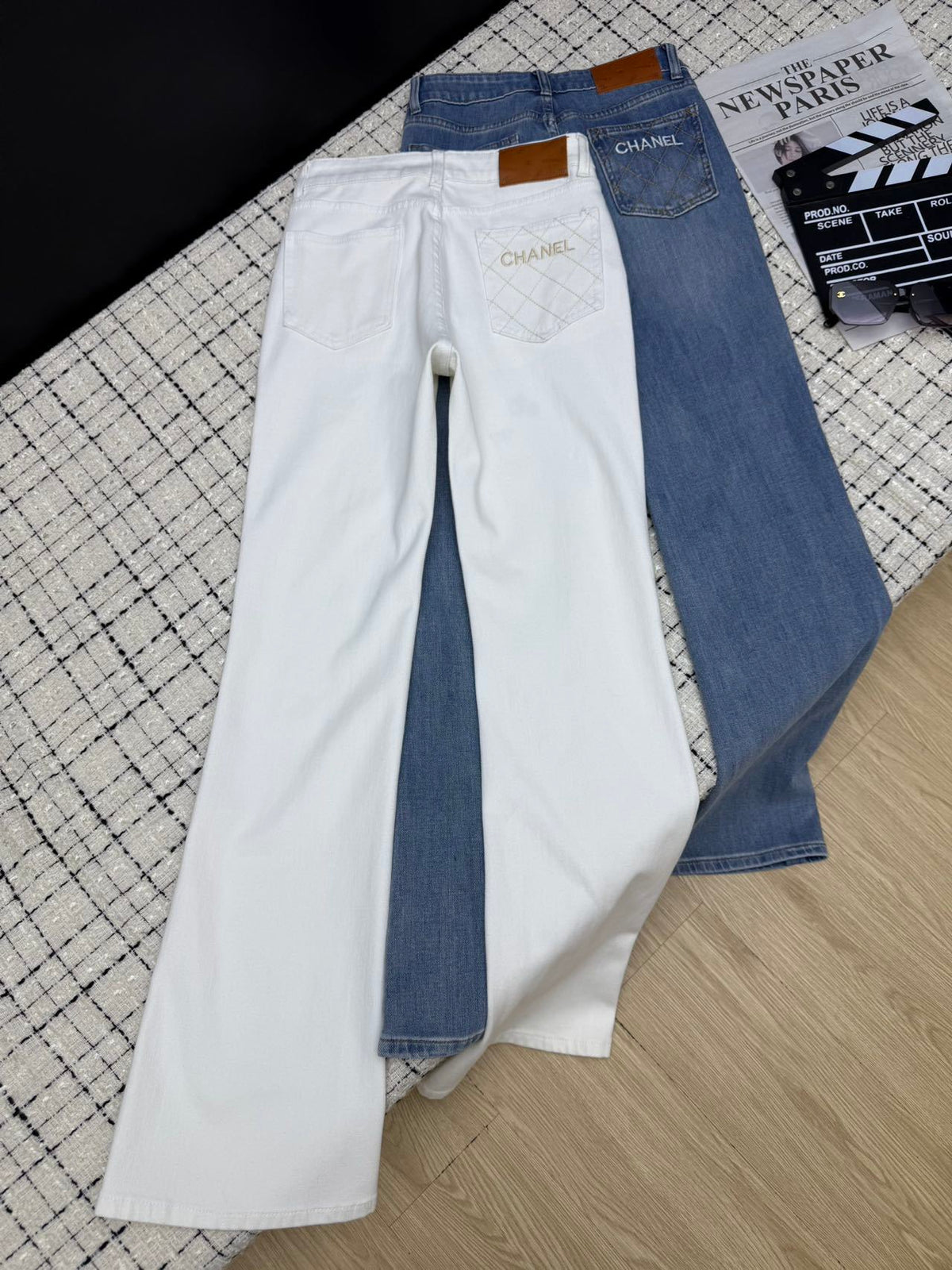 Embroidered mesh flared pants with back pockets
