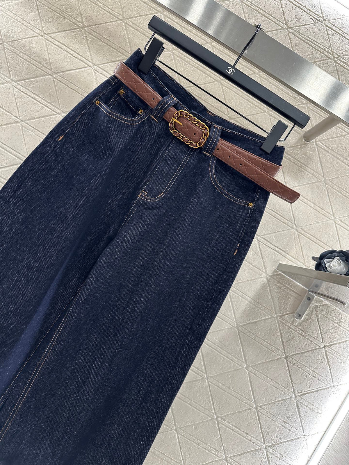 Belted Straight-Leg Denim Pants