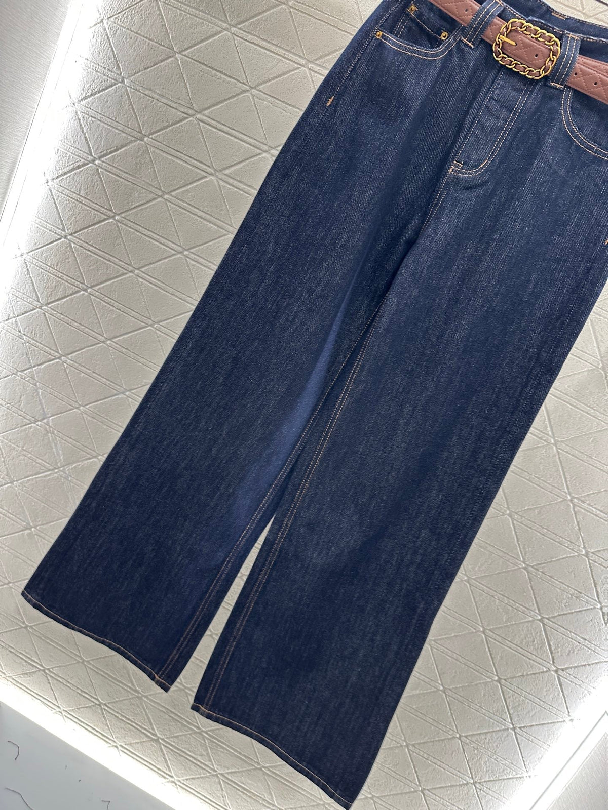 Belted Straight-Leg Denim Pants