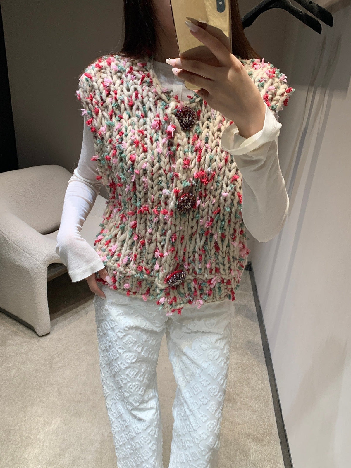 Vintage chunky-knit three-button vest