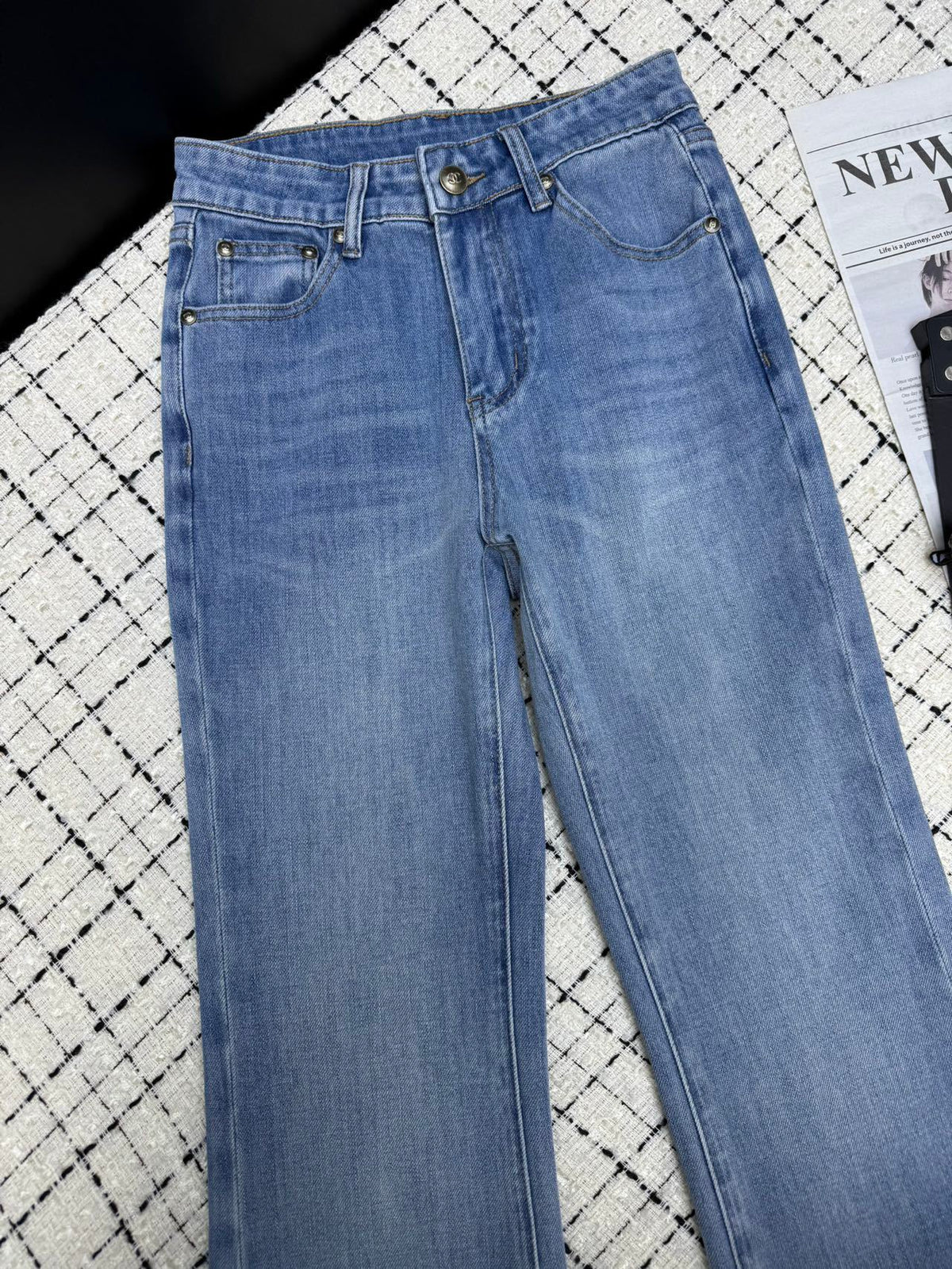 Embroidered mesh flared pants with back pockets