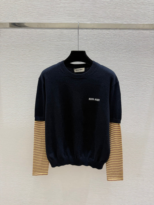 MiuMiu/26 Early Autumn New Colorblock Stripe Crew Neck Knit Long Sleeve