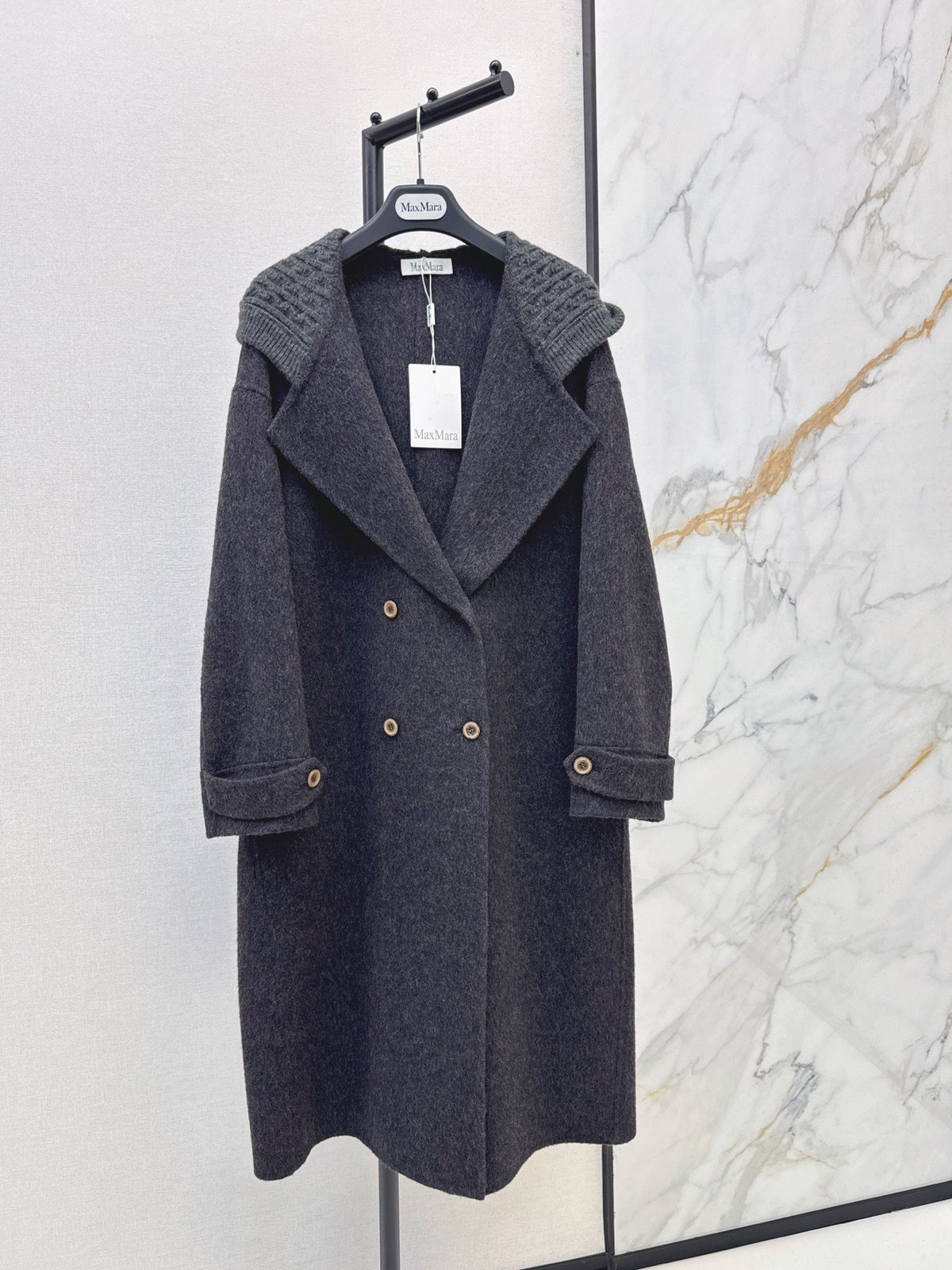 26 Fall/Winter New Knit Patchwork Mid-Length Hooded Wool Double-Faced Coat