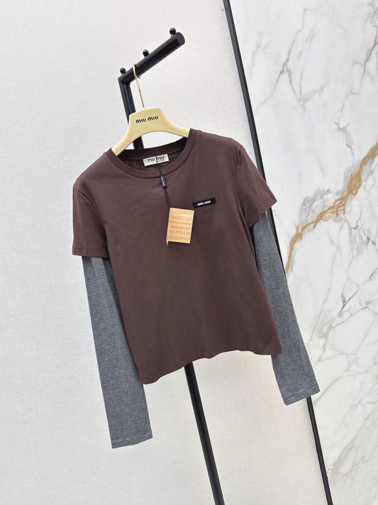 26 Early Autumn Latest Coffee-Colored Faux Two-Piece Patchwork Long-Sleeve T-Shirt