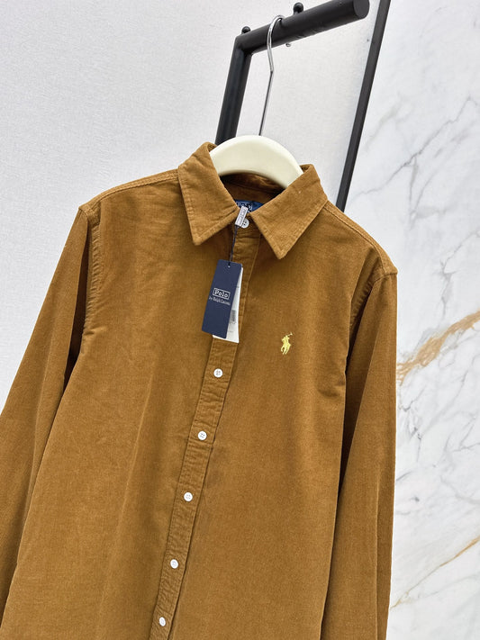 Latest Autumn/Winter Vintage Caramel Corduroy Shirt with Pony Embroidery
