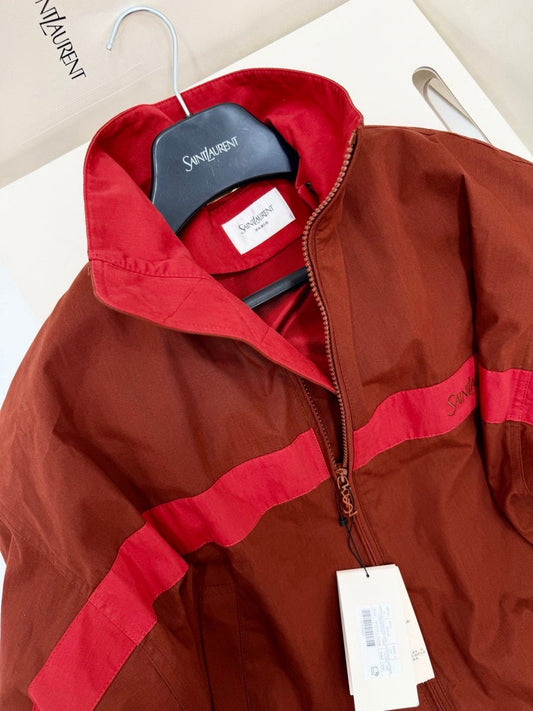 Burgundy Color-Blocked Stand-Up Collar Windbreaker