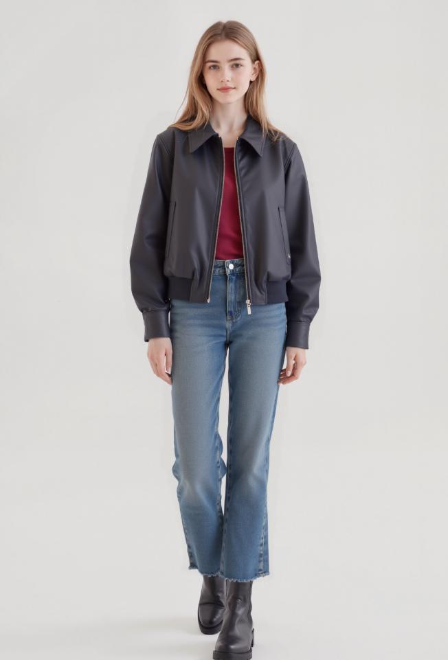 26Long-Sleeve Jacket with Logo and Zipper – PU Leather