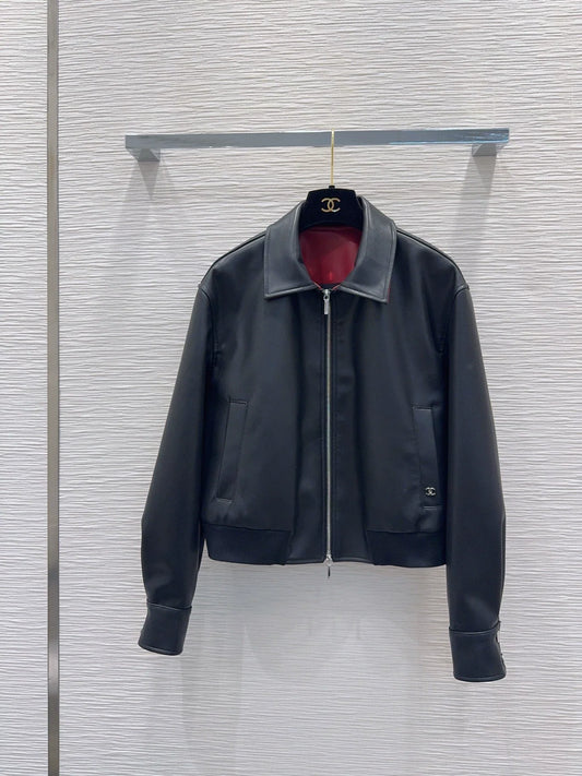26Long-Sleeve Jacket with Logo and Zipper – PU Leather