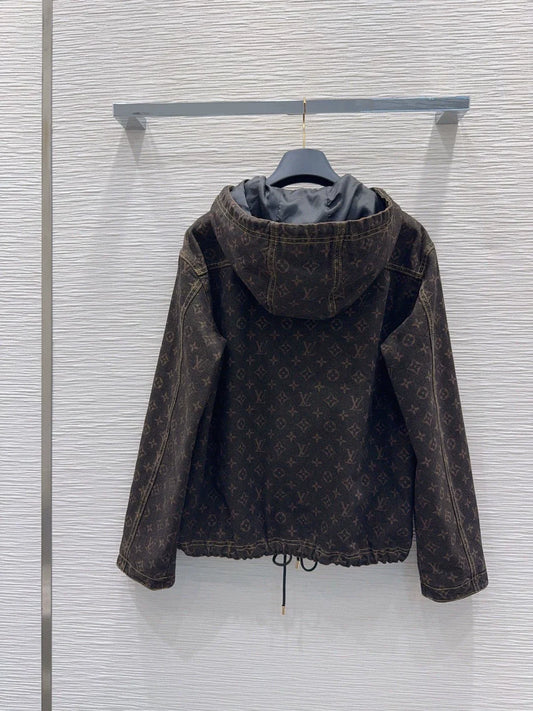 26New Long-Sleeve Denim Hooded Jacket with Print, Drawstring, and Zipper