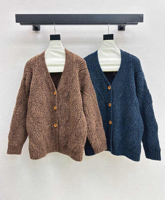 26Latest Autumn/Winter Premium Solid-Color Textured V-Neck Knit Cardigan