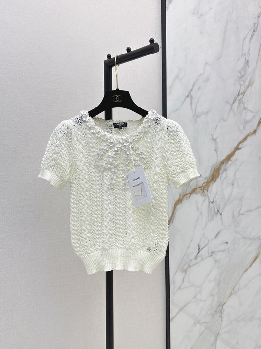 26SS NEW White Openwork Knit Short-Sleeve T-Shirt 🤍